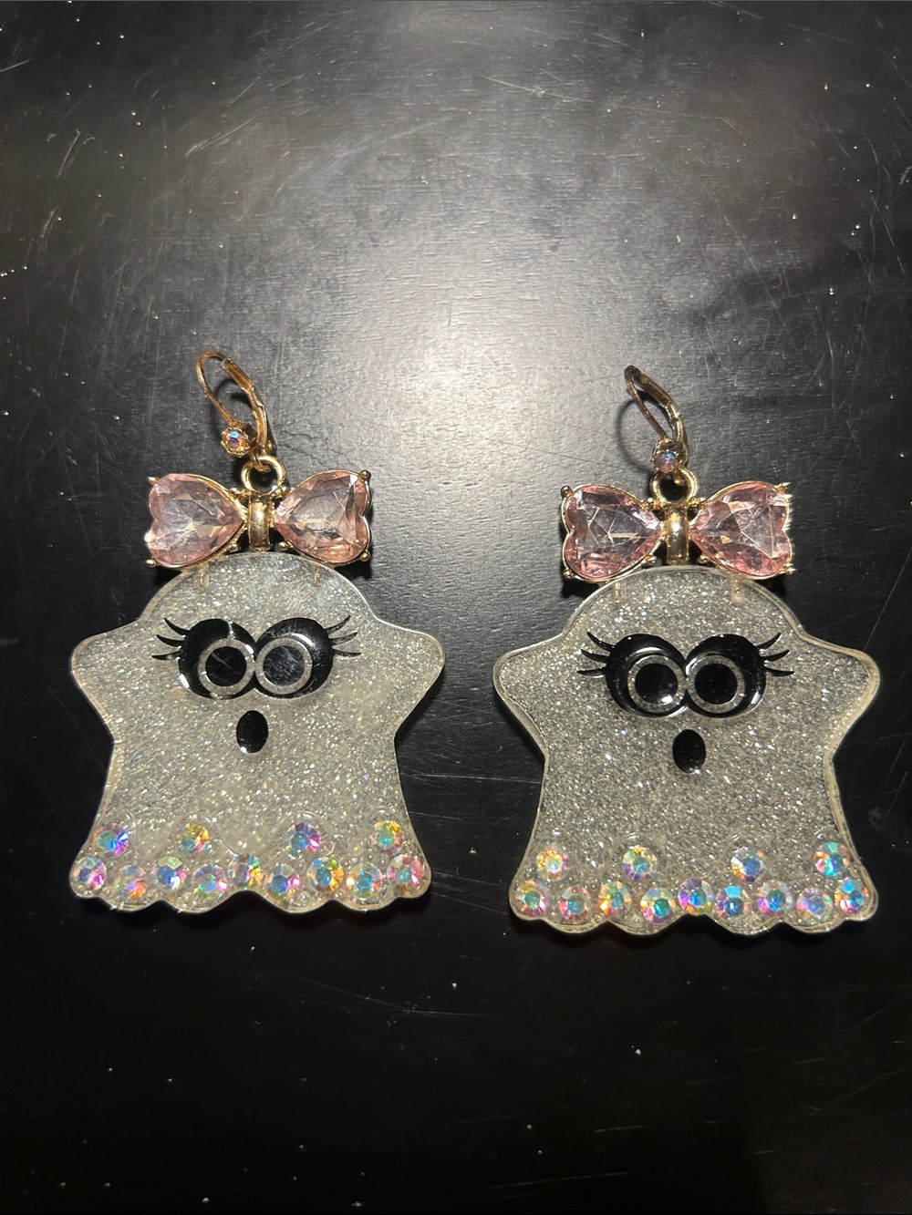 BETSEY JOHNSON Sparkling Silver Ghost Earrings with Pink Bow